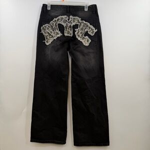 Disclosure NYC Leopard Patch Wide Leg Jeans 9/29 Black Y2K Distressed Baggy